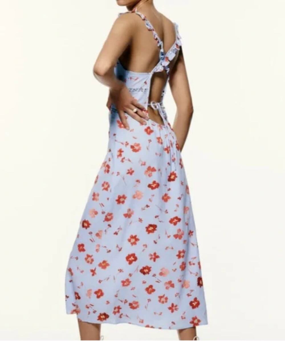 ZARA Floral Midi Dress Linen Viscose Ruffle Lace Open Back Blue Print Women's XL